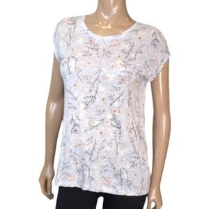 Rachel Ashwell Linen Floral Top Womens Medium Blue Short Sleeve Buttoned